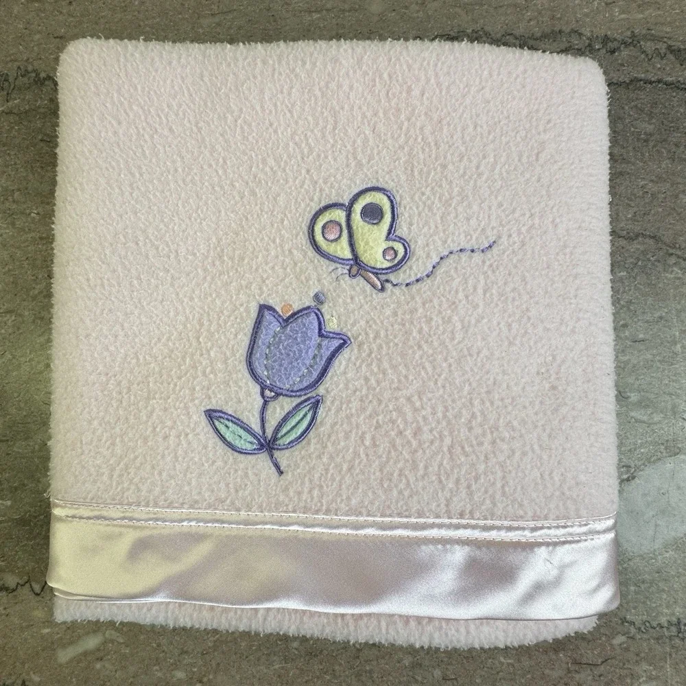 Vtg Wamsutta Baby Blanket Pink‎ Satin Trim Flower Butterfly